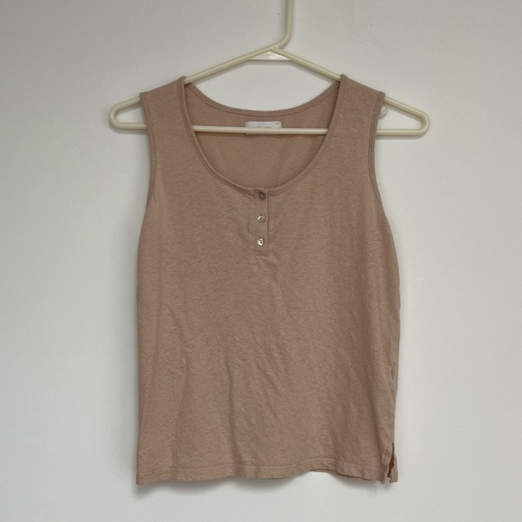 OAK + FORT 100% natural linen and cotton minimalist buttoned tan Henley tank top - Picture 1 of 6